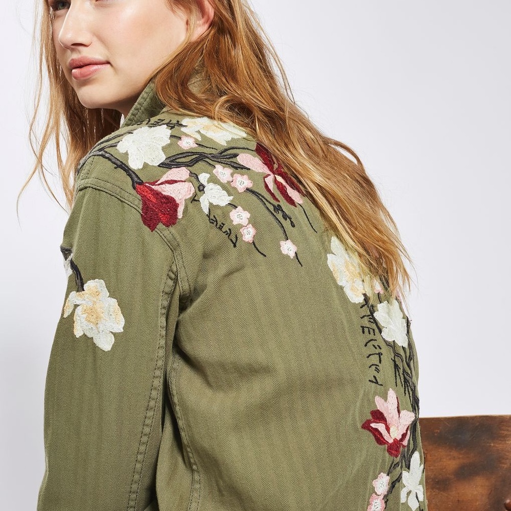 Topshop Floral Embroidered Army Shirt Jacket